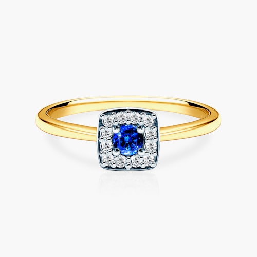 Pierścionek zaręczynowy SAVICKI: dwukolorowe złoto, niebieski szafir, diamenty